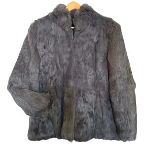 Vintage Gray Rabbit Genuine Fur High Neck Coat - Women's Size L